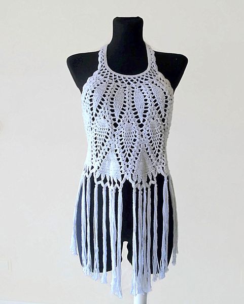 

halter crop crochet fringe boho hippie white crochet open back made to order