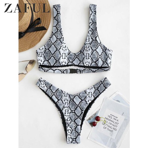 

zaful bikini snakeskin high cut basic bikini set women summer swim suit scoop neck padded bathing suit padded swimwear 2019, White