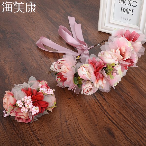 

haimeikang women wedding rose headband wreath daisy flower crown bracelet ribbon adjustable handmade bride hairband accessories