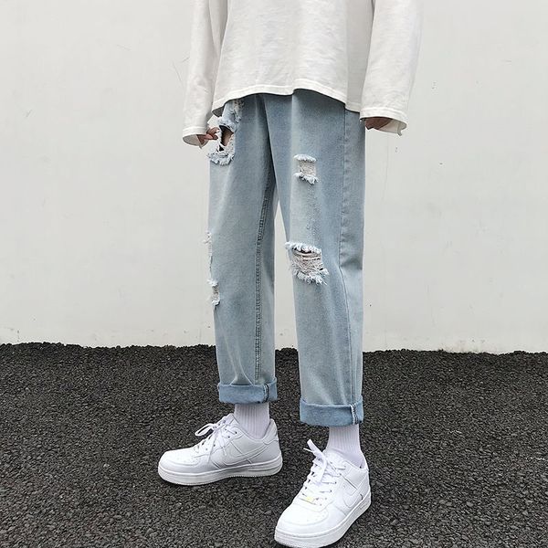 

2020 summer men's baggy homme classic cargo pocket jeans holes black/blue color casual pants biker denim trousers s-2xl