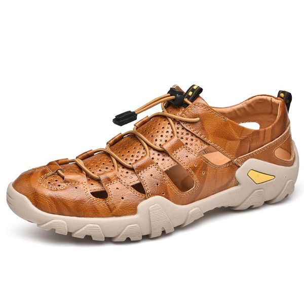

new cow genuine leather sandals outdoor 2019 summer men shoes men breathable casual shoes footwear walking beach sandals size 48, Black