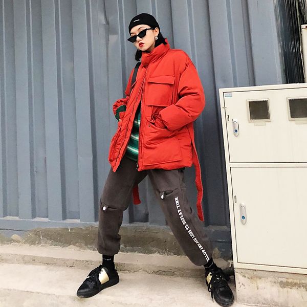 

individual standing collar, multi-pocket overcoat, bf pure color, thicker cotton clothes coat parkas, Black