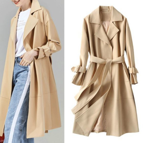 

women's trench coats coat for women 2021spring fashion clothing windbreaker plus size casual long turn-down collar adjustable waist, Tan;black