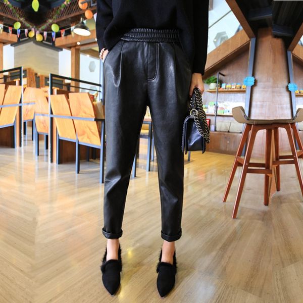 

autumn women pu leather pants women elastic waist slim ankle length harem pants slim faux leather trousers for female, Black;white