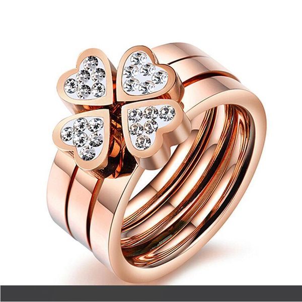 

кристалл анилло кольца в форме сердца набор три в одном кольце розовое золото инкрустированный титан сталь женские украшения для рук завод о, Silver