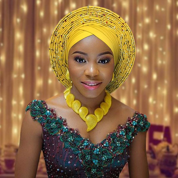 Afrikanischer Kopfschmuck für Frauen, nigerianischer Gele, bereits hergestellter Auto-Gele-Hele-Turban, Aso, Ebi, großer Rand, schöner Hochzeits-Kopfschmuck