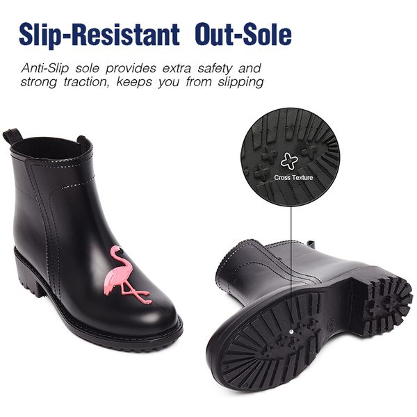 

dripdrop flamingo rubber rain boots for women waterproof high heel fashion girls shoes ladies cute short ankle pvc rainboots mx200324, Black
