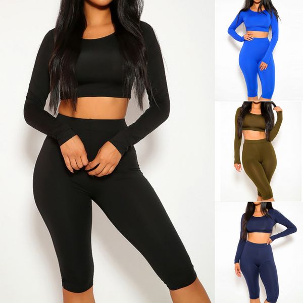 

fashion women thin short long sleeve seven minute pants sports casual suits solid color short thin crop long sleeve l226, White