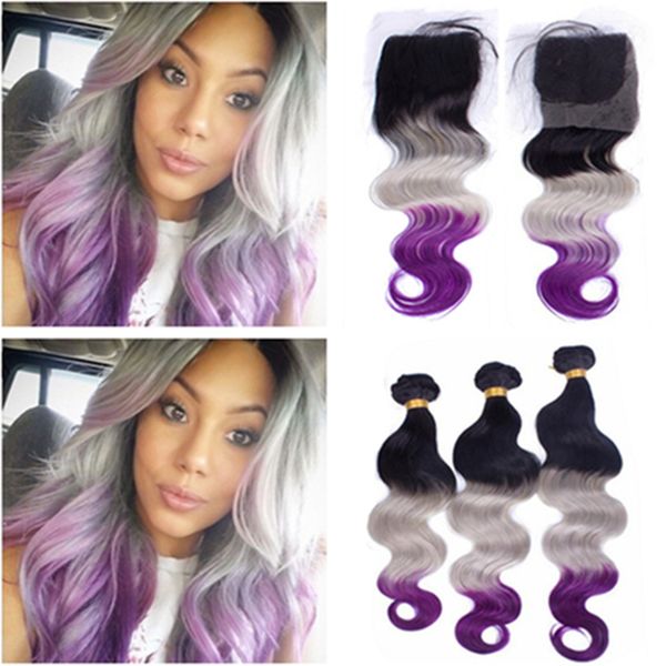 Grosshandel 1b Grey Purple Ombre Peruanisches Menschenhaar 3bundles Body Wave Mit Verschluss Black Roots Grey Purple 3tone Ombre Bundelt Mit 4x4