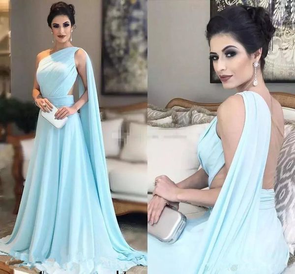 

one shoulder light sky blue celebrity evening dresses with cape chiffon illusion backless floor length arabic formal prom party gowns 1107, Black;red