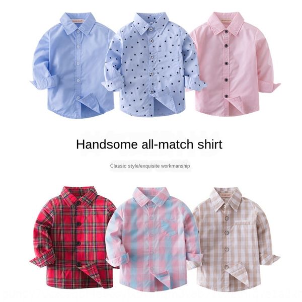 

boys ' handsome shirt long-sleeved solid color plaid striped shirt gentleman for children, White;black
