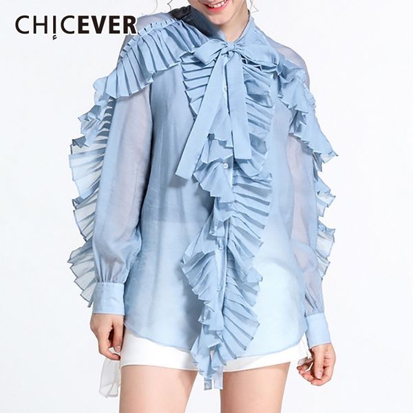 

chicever summer solid perspective shirt for women bowknot collar long sleeve pleated ruffles button blouse female fashion 2019, White