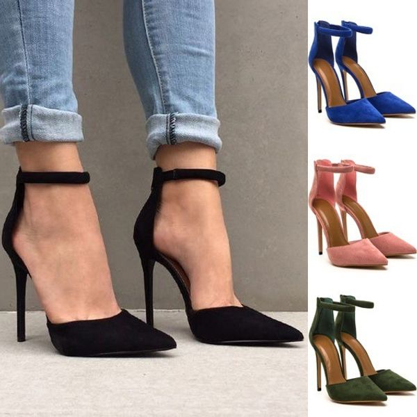

women pointed toe high heels shoes woman shallow slingback pumps ladies buckle strap party wedding stilettos shoes 588, Black