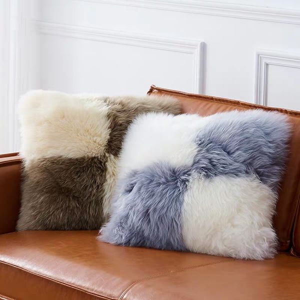 

natural sheepskin fur plaid chair pad thickness sheep fur pillow with core square cat or dog fur cushion