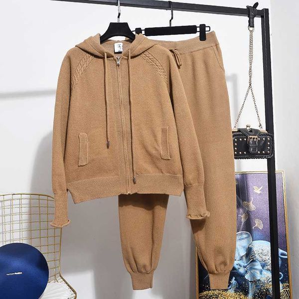 

spring autumn casual hooded knitted sweater pencil pants women 2 piece set loose knit cardigan trousers tracksuit female outfits, White
