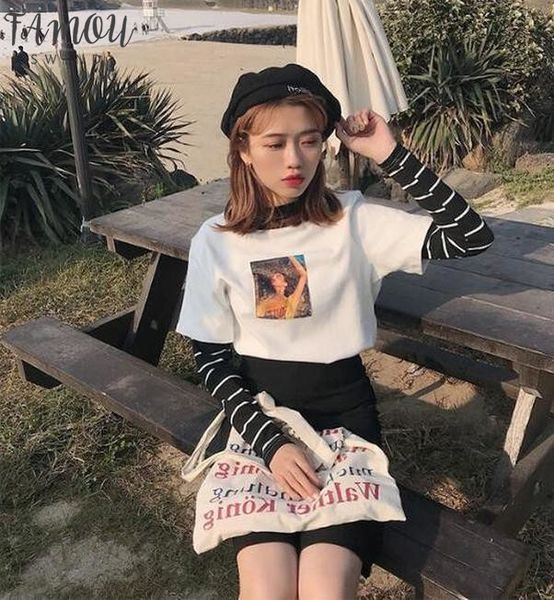

spring new fake two set long sleeve t shirt women drop shipping good quality, White