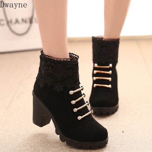 

2019 autumn and winter new high-heeled fashion women's boots lace rhinestone boots lace tassel slip plus velvet warm boot, Black