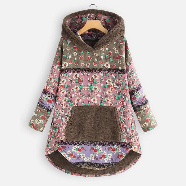 

m 5xl zanzea casual bohemian pullover 2019 women printed pacthwork fleece sweatshirts winter hooded long sleeve coats outwear, Black