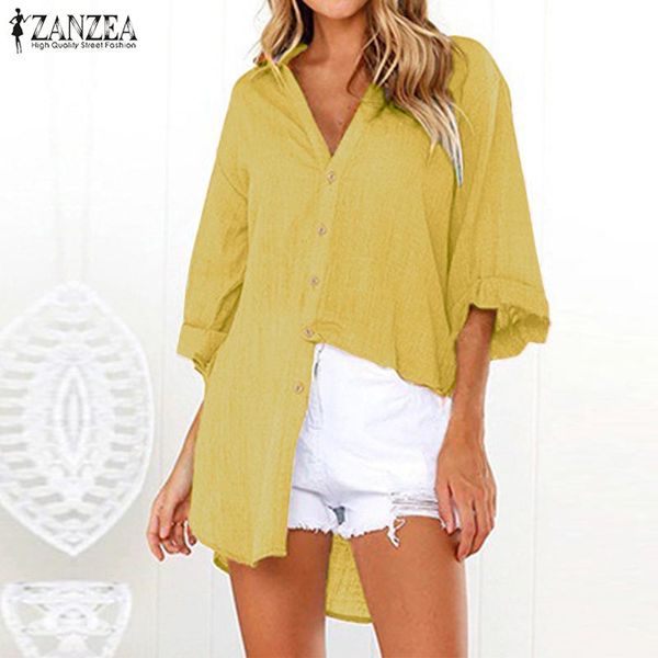 

women's summer blouse fashion button shirts 2019 zanzea casual long sleeve v neck tunic female asymmetrical blusa chemise, White