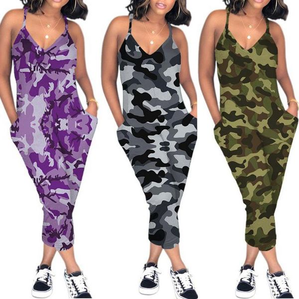 

women camouflage jumpsuits 2020 summer girls new spaghetti strap v-neck sleeveless pockets sling rompers casual romper jumpsuit, Black;white