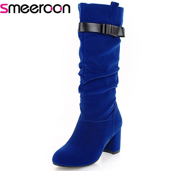

smeeroon 2019 new fashion style mid calf boots women flock bowknot autumn winter boots slip on fashion high heels shoes woman, Black