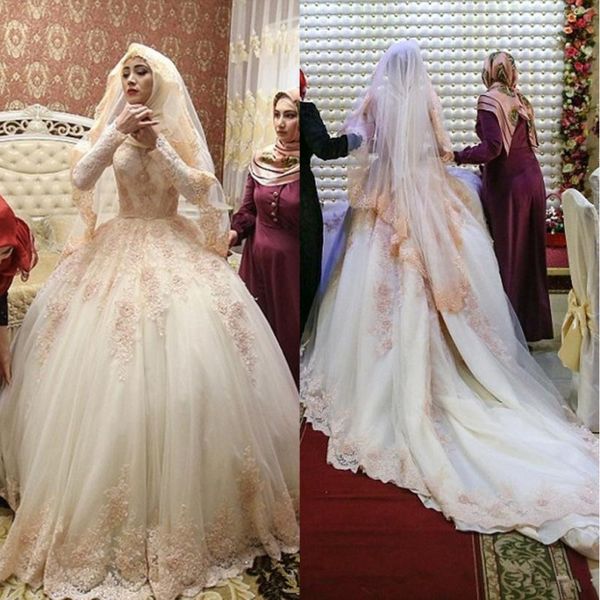 

2020 vintage muslim long sleeves high neck appliques wedding dresses ball gown islam champagne bride custom bridal dress