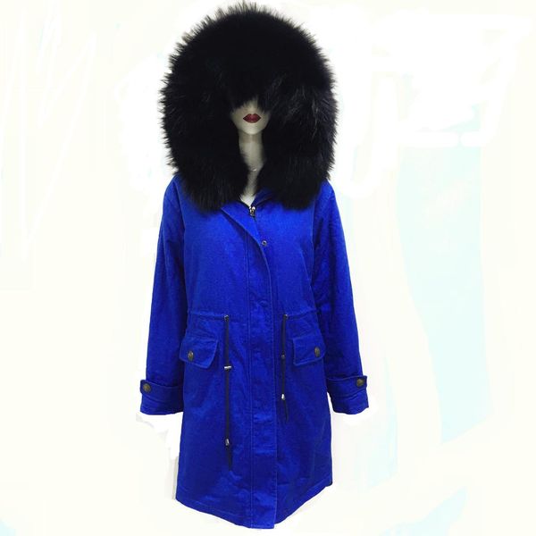 

fashion bright blue long men faux fur parka winter raccoon fur collar parka plus size, Black