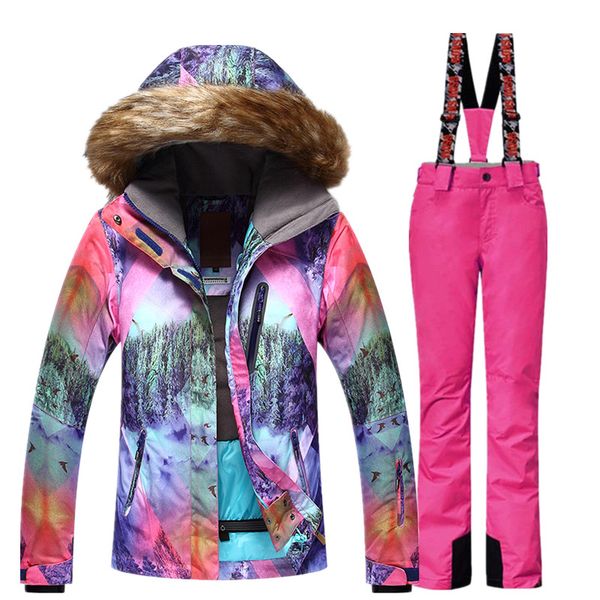 

women ski suit jacket pants snowboard warm clothing set outdoor hiking camping two pieces windproof waterproof winter new suit
