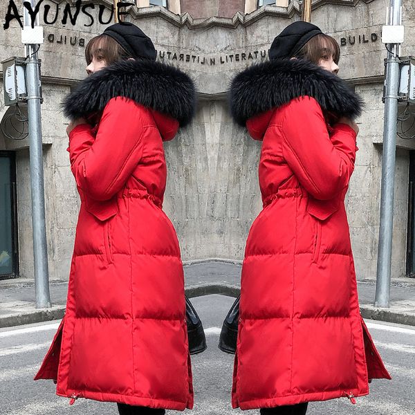 

ayunsue 2019 new winter coat duck down jacket woman hooded raccoon fur collar long womens jackets puffer chaqueta mujer kj2553, Black