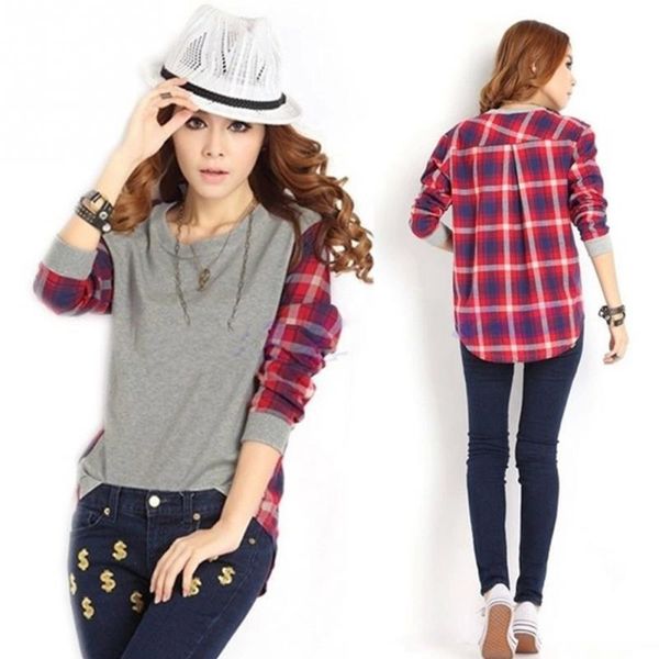 

fashion-women autumn winter round collar patchwork chequer long sleeve sweatshirts fashion girls casual pullovers, Black