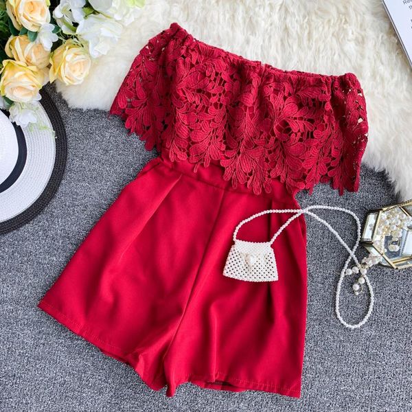 

fashion off shoulder summer lace patchwork rompers short jumpsuit casual women playsuit beach holiday high waist romper, Black;white