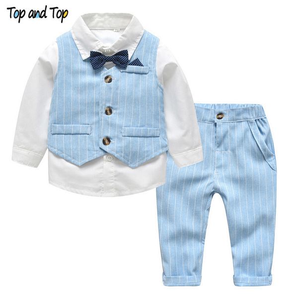 

and spring&autumn baby boy gentleman suit white shirt with bow tie+striped vest+trousers 3pcs formal kids clothes set y190518