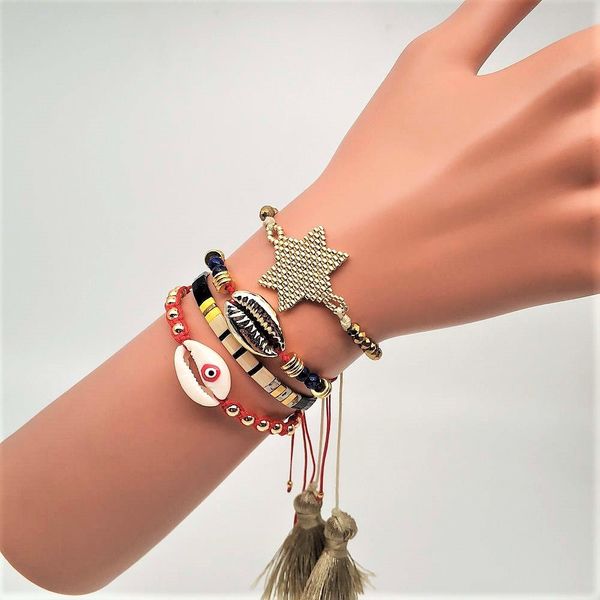 

joye new womans fashion 2020 bracelet set miyuk evil eye bracelet sea shells star ladies bangles gift set drop shipper supplier, Golden;silver