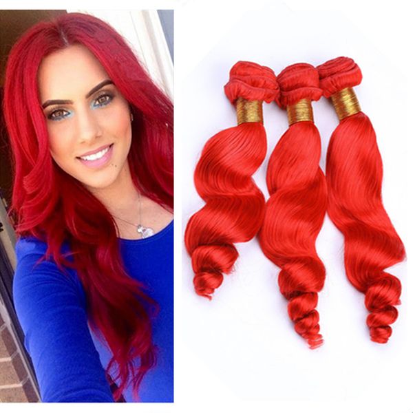Bright Red Malaysian Human Hair Weaves Loose Wave Wavy Bundles