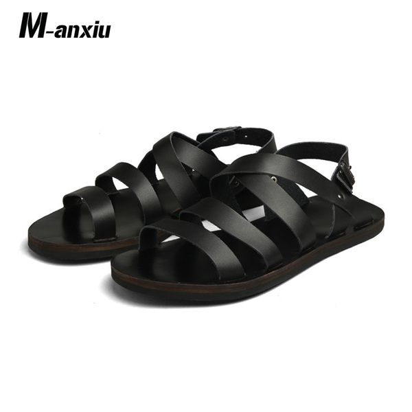 

m-anxiu 2019 new design summer antiskid gladiator genuine leather buckle strap sandal men casual flat rubber shoes, Black