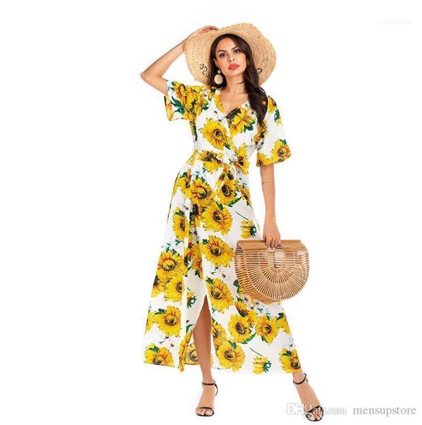 

sleeved v neck split up long boho макси платья женщин цветочные шифоновое платье краткости лета, Black;gray