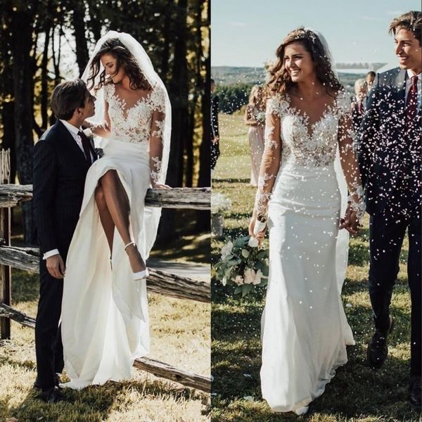 

sheath mermaid wedding dresses 2020 long sleeves lace appliques garden bridal gowns customized formal long robe de mariee, White