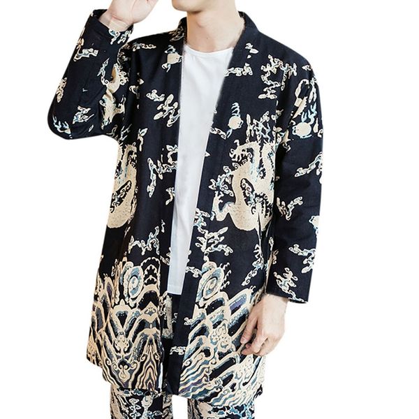 

japanese style for men cardigan coat in autumn and winter large-size classic printed vintage outwear long sleeve no hoodie coat, Black;brown