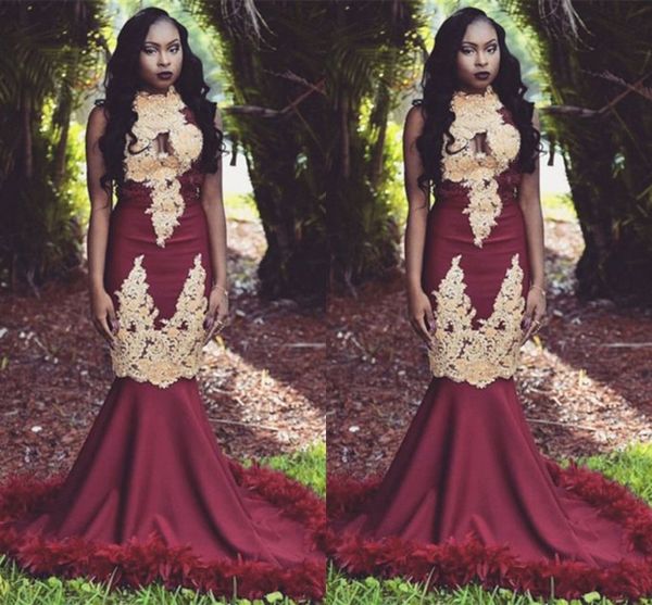 

горячее надувательство бургундии с золотыми аппликациями пром платья черные девушки южно-африканские вечерние платья русалка высокая шея дли, Black