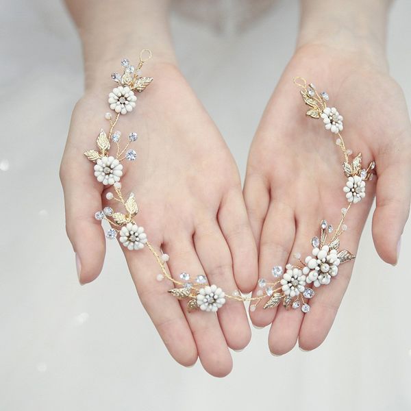 

handmade white flower bridal hair wreath women headband gold leaf wedding headpiece hair accessories, Golden;white