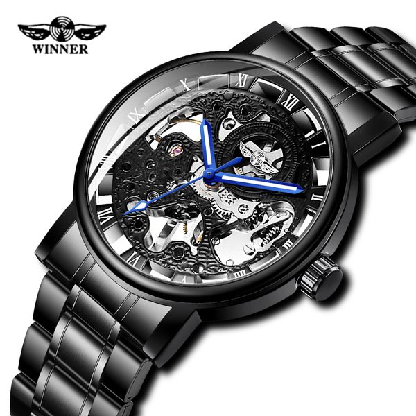 

2019 winner men skeleton automatic mechanical watch fashion self-wind wristwatch luminous display relogio watch, Slivery;brown