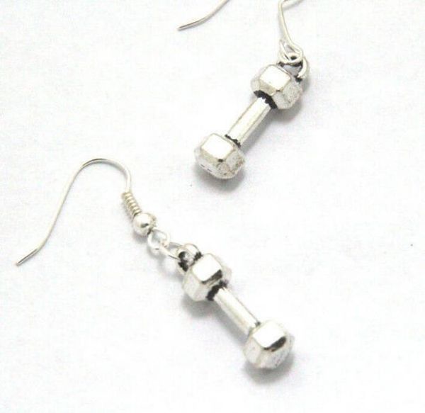

zinc alloy ancient silver gym dumbbell barbell charm dangle earrings fashion creative women jewelry designer earrings friend gifts