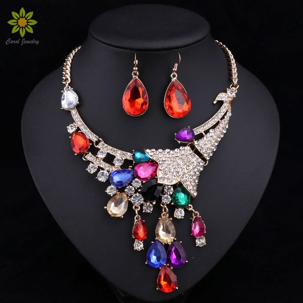 

2017 fashion women wedding necklaces earrings sets vintage rhinestone crystal choker necklaces & pendants jewelry sets, Slivery;golden