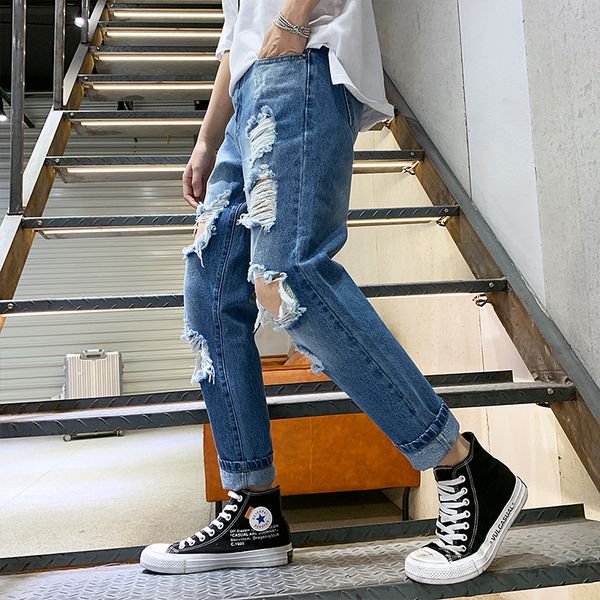 

fashion patchwork ripped men's jeans boys loose casual holes ankle-length harem pants jeans trousers large size 28-36, Blue
