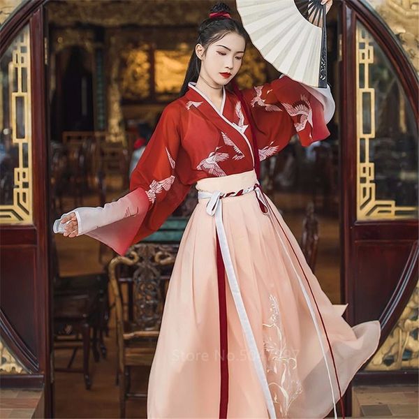 

древняя китайская традиционная одежда hanfu женщины девушки stage performance народного танца костюм кран pattern постепенное марлевые плать, Blue