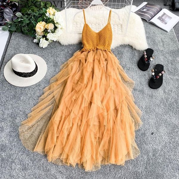 

oceanlove party dress solid cascading ruffles knitting patchwork women dress 2020 summer mesh backless v-neck long dress 11606, Black;gray