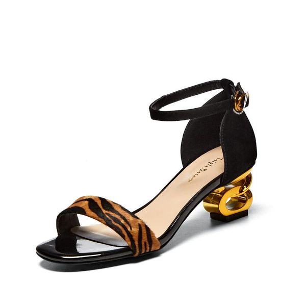 

open toe women sandals retro cover heel summer shoes leoperd buckle high heel sandals strange style shallow women 2020, Black