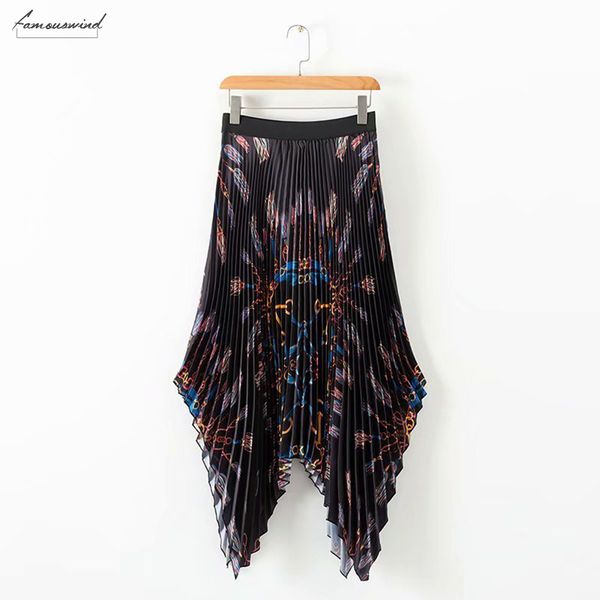 

women new vintage skirts elastic high waist print pleated midi skirt faldas mujer ladies asymmetrical casual chic qun133, Black