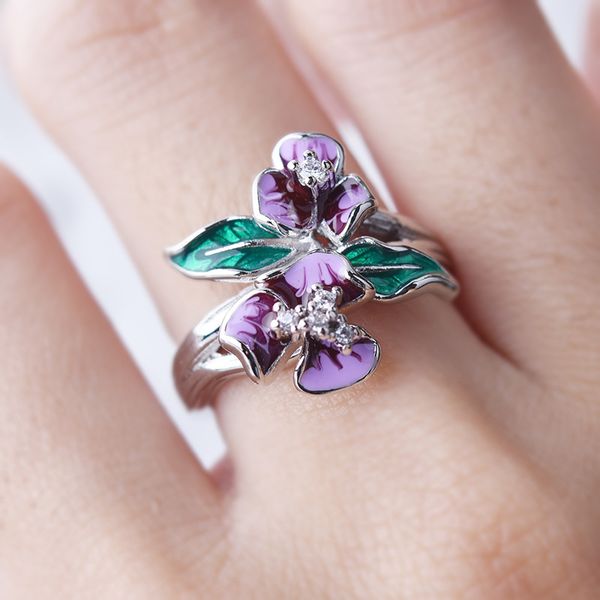 

kofsac 925 sterling silver fashion jewelry sets for women exquisite enamel purple flower zircon necklace pendant earrings ring