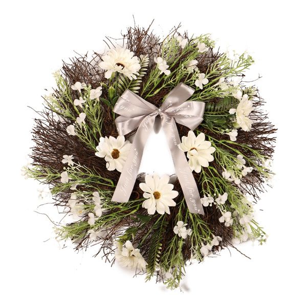 

1pc rattan artificial flower garland with ribbon bow handmade vintage front door wreath for home wedding party holiday decor